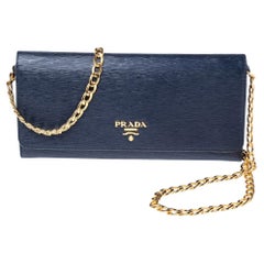Prada Navy Blue Vitello Move Leather Wallet on Chain