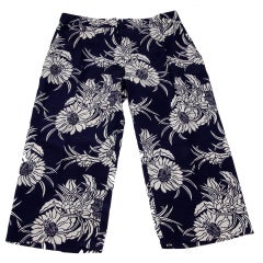 Prada Navy Blue White Floral Pattern Print Silk Casual Pants Capris