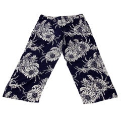 Prada Navy Blue White Floral Pattern Print Silk Casual Pants Capris