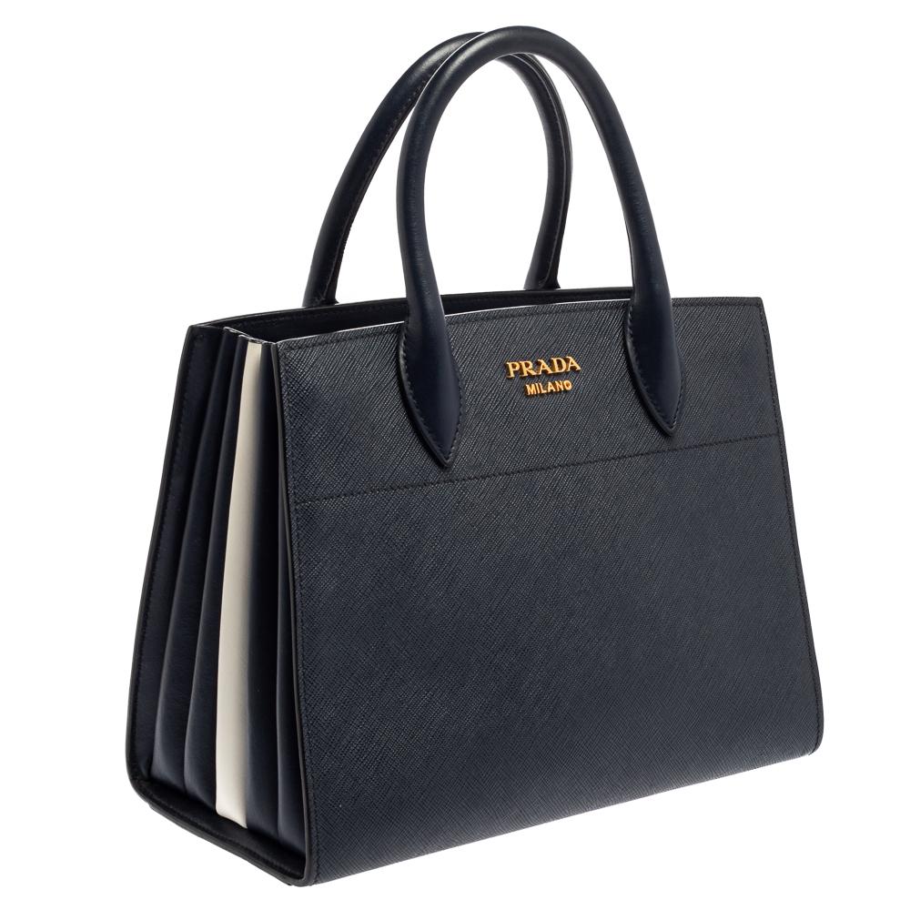 Prada Navy Blue White Saffiano Leather Bibliotheque Tote at