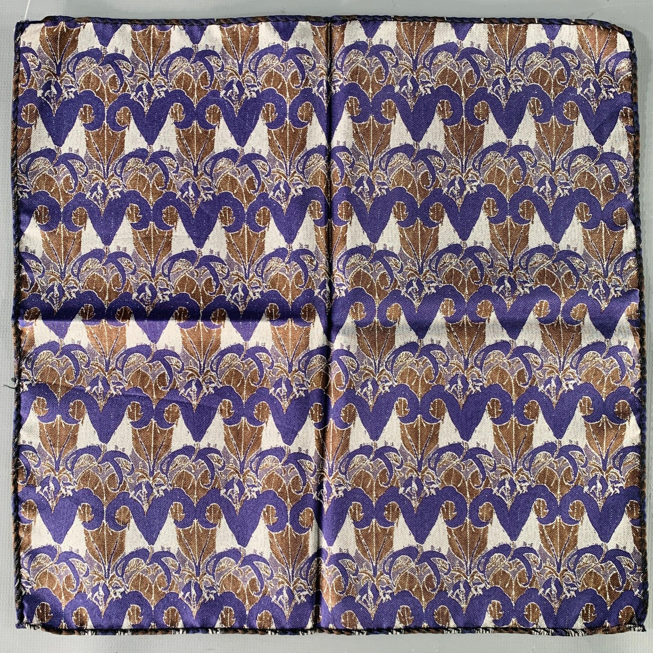 Gray PRADA Navy Brown Abstract Floral Pocket Square For Sale