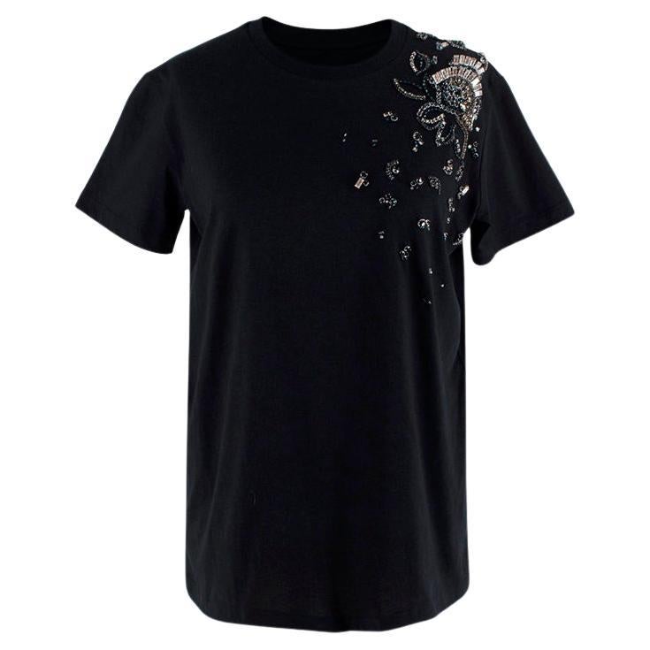 Prada Navy Cotton T-Shirt with Crystal Embellished Shoulder at