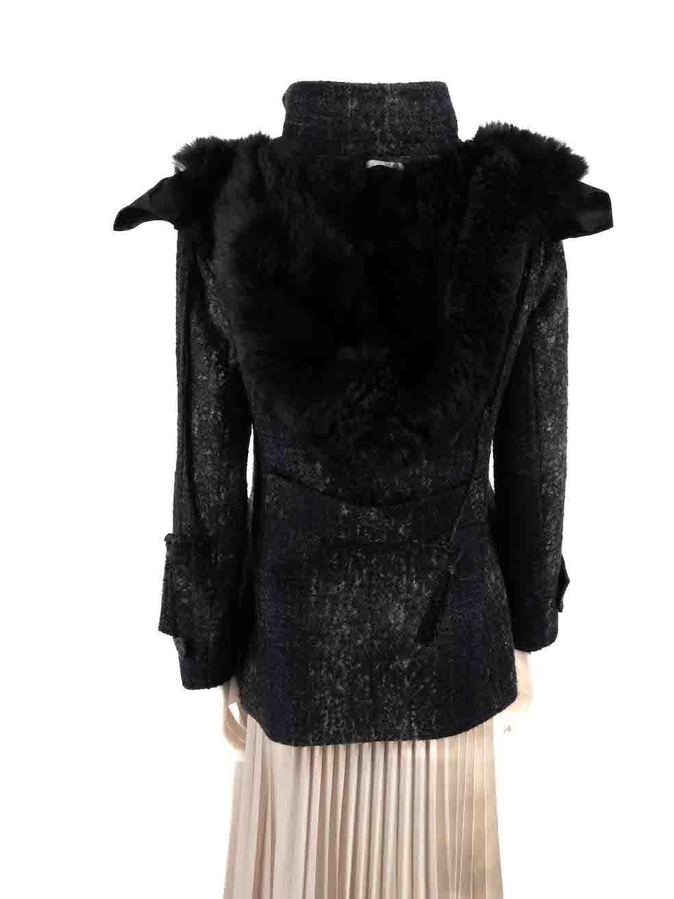 Prada Navy Fur Trimmed Hood Zip Coat Size L In Good Condition For Sale In London, GB