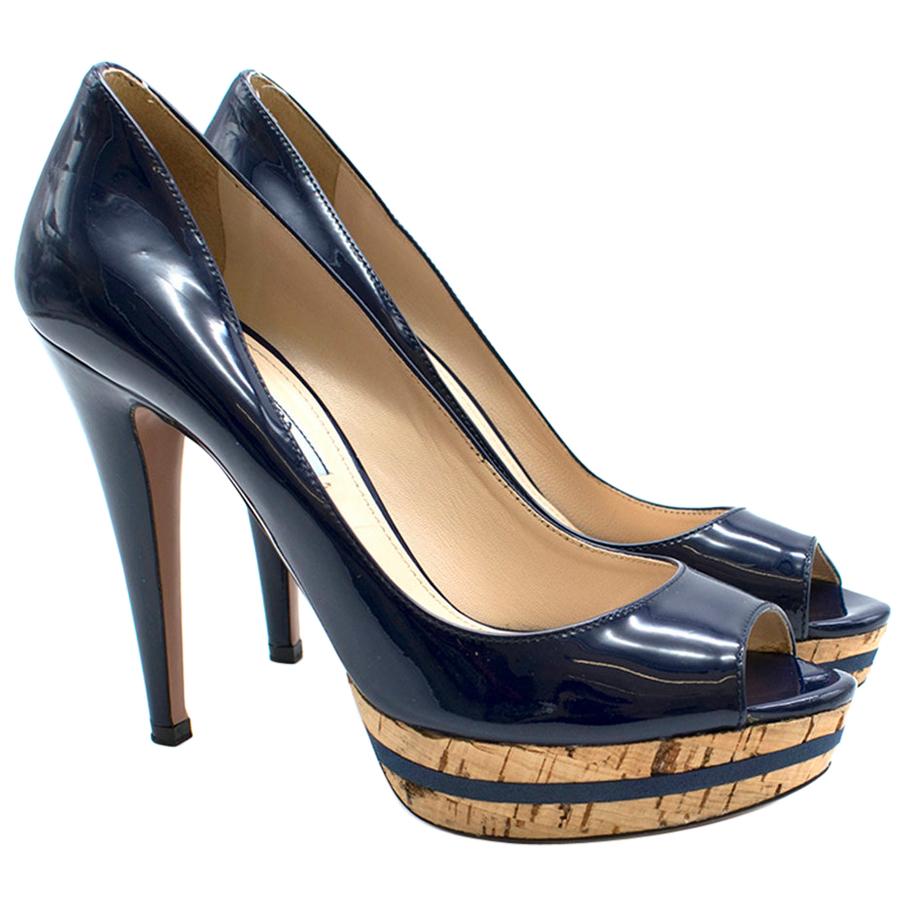 Prada Navy Patent Leather Open-Toe Platform Pumps size 38 For Sale