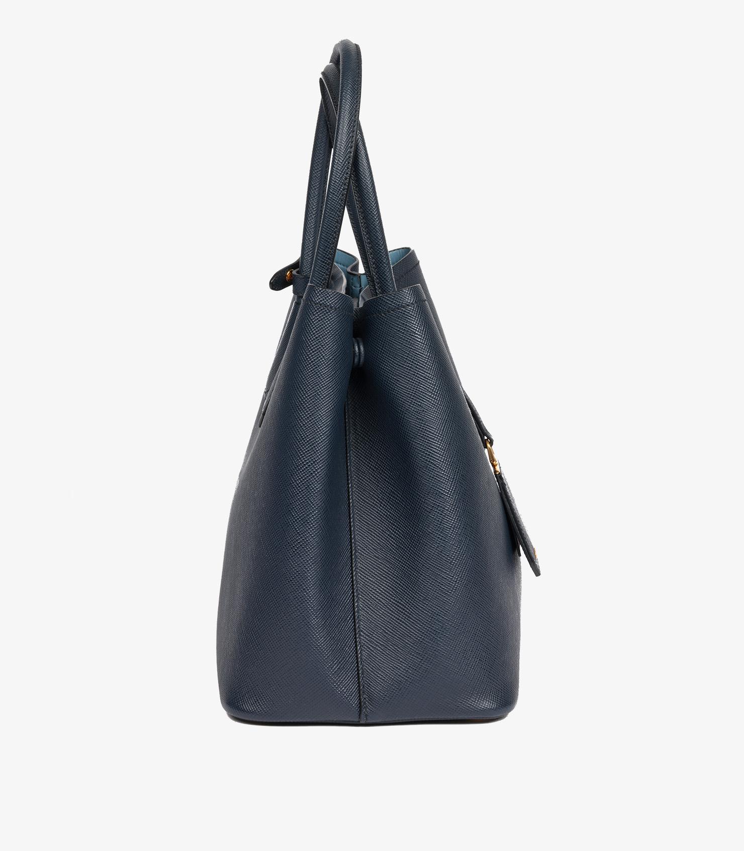 Black Prada Navy Saffiano Leather Large Double Tote