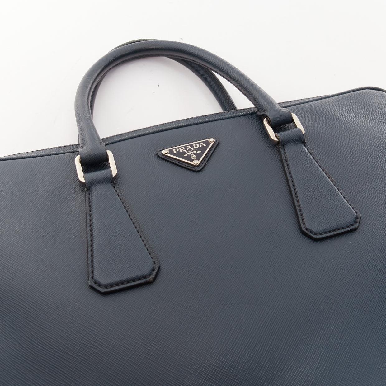 PRADA navy saffiano leather triangle logo plate crossbody top handle briefcase For Sale 2