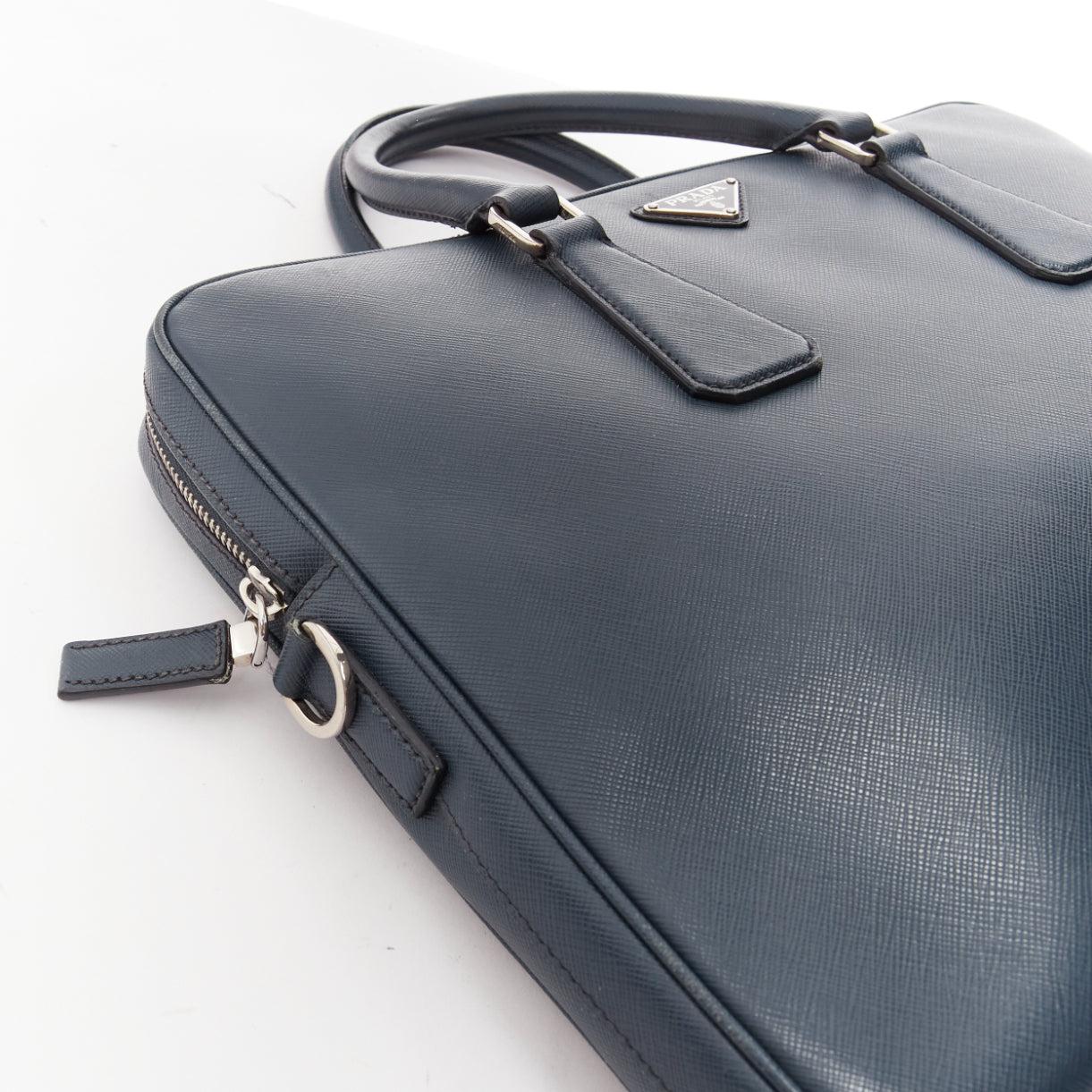PRADA navy saffiano leather triangle logo plate crossbody top handle briefcase For Sale 3