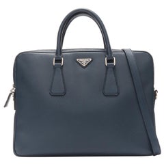 PRADA navy saffiano leather triangle logo plate crossbody top handle briefcase