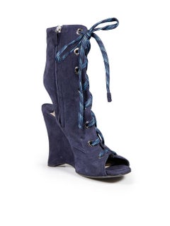 Prada Navy Suede Lace Up Wedge Boots Size IT 38