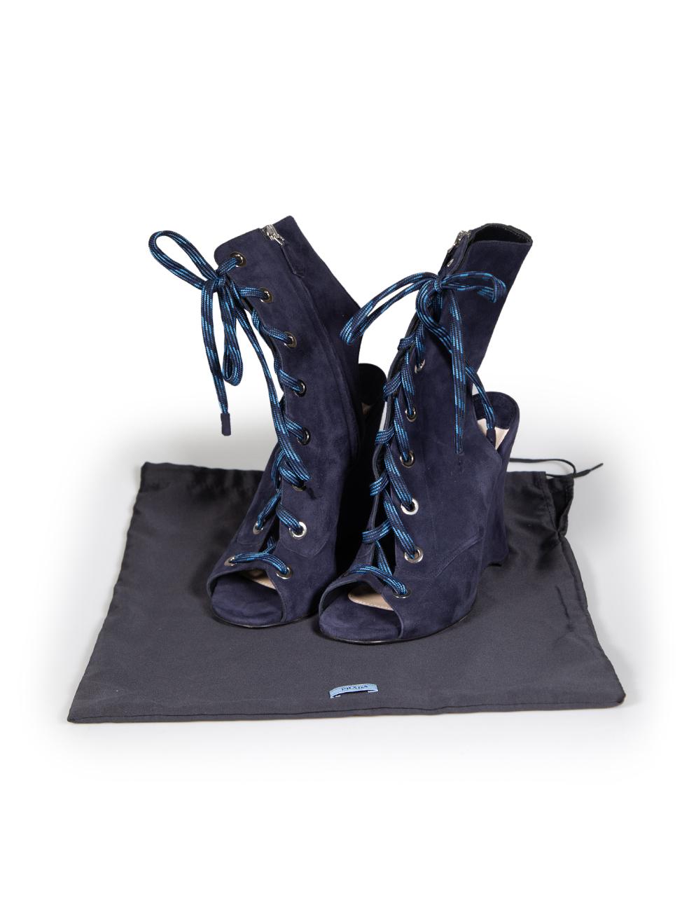Prada Navy Suede Lace Up Wedges Size IT 38 For Sale 5