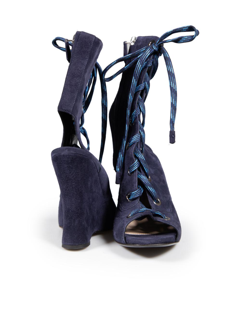 Black Prada Navy Suede Lace Up Wedges Size IT 38 For Sale