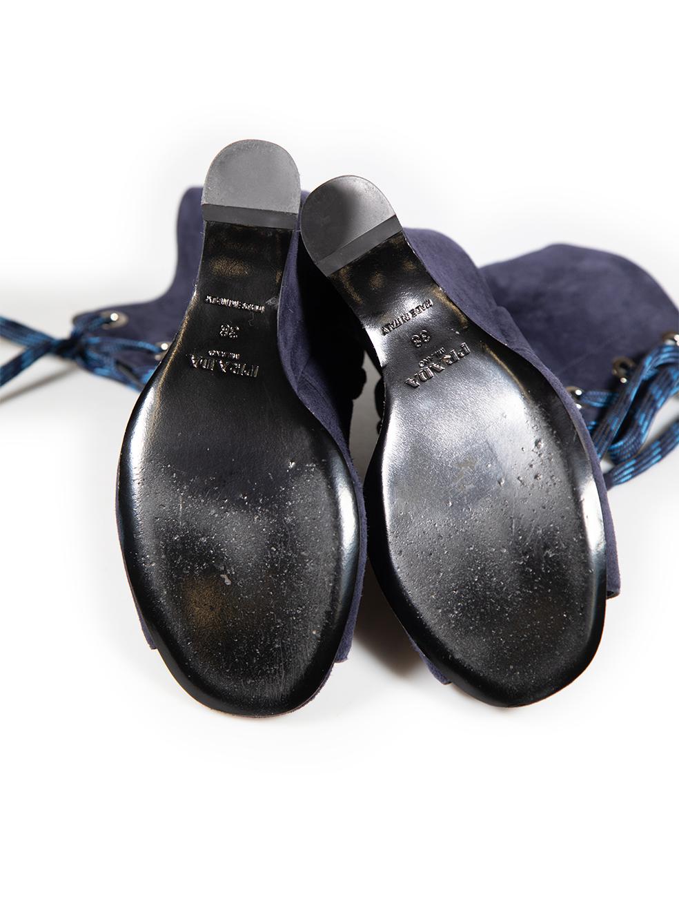 Prada Navy Suede Lace Up Wedges Size IT 38 In Good Condition For Sale In London, GB