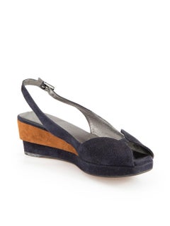 Prada Navy Suede Peep-Toe Slingback Wedges Size IT 39.5