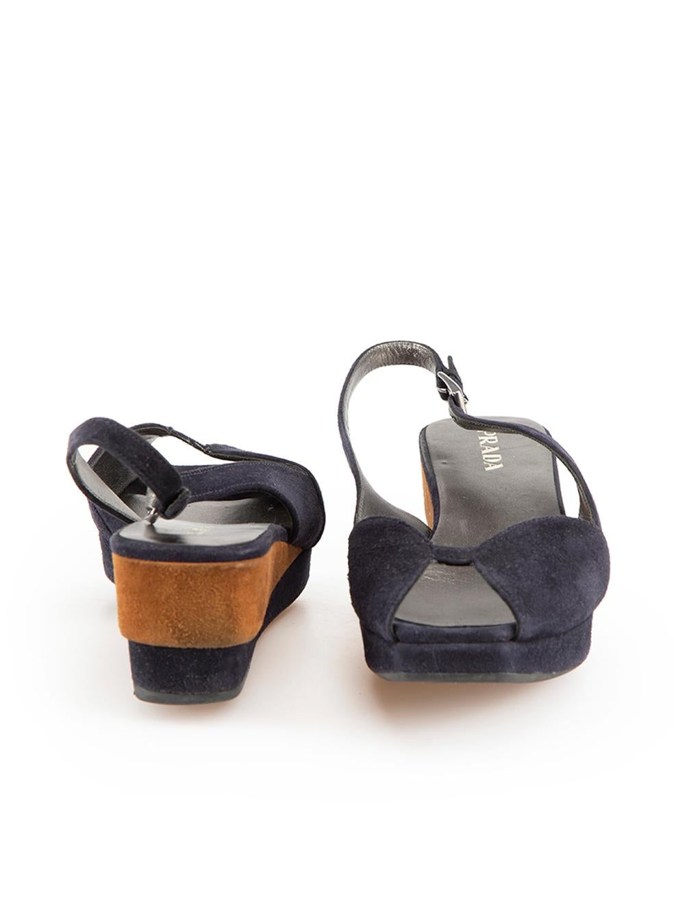 Prada Navy Suede Peep-Toe Slingback Wedges Size IT 39.5 In Good Condition For Sale In London, GB
