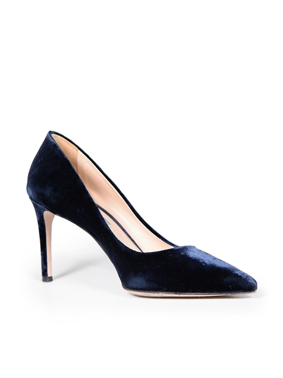 CONDITION is Very good. Minimal wear to pumps is evident. Minimal abrasion to tip of right shoe and heel stem of both shoes on this used Prada designer resale item. This item comes with original dust bags.
 
 
 
 Details
 
 
 Navy
 
 Velvet
 

