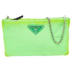 Prada Neon Green Nylon Zip Chain Clutch