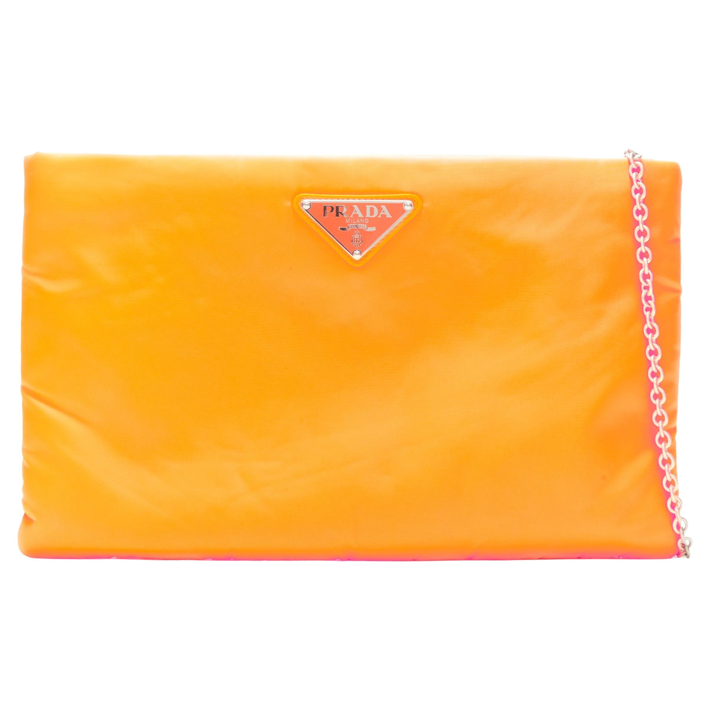 PRADA neon orange Vitello nylon triangle logo chain crossbody clutch bag