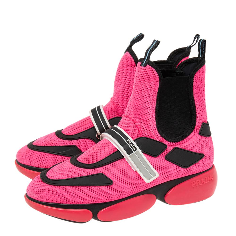Women's Prada Neon Pink/Black Mesh and Rubber Trim Cloudbust High-Top Sneakers Size 38