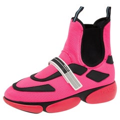 Prada Neon Pink/Black Mesh and Rubber Trim Cloudbust High-Top Sneakers Size 38