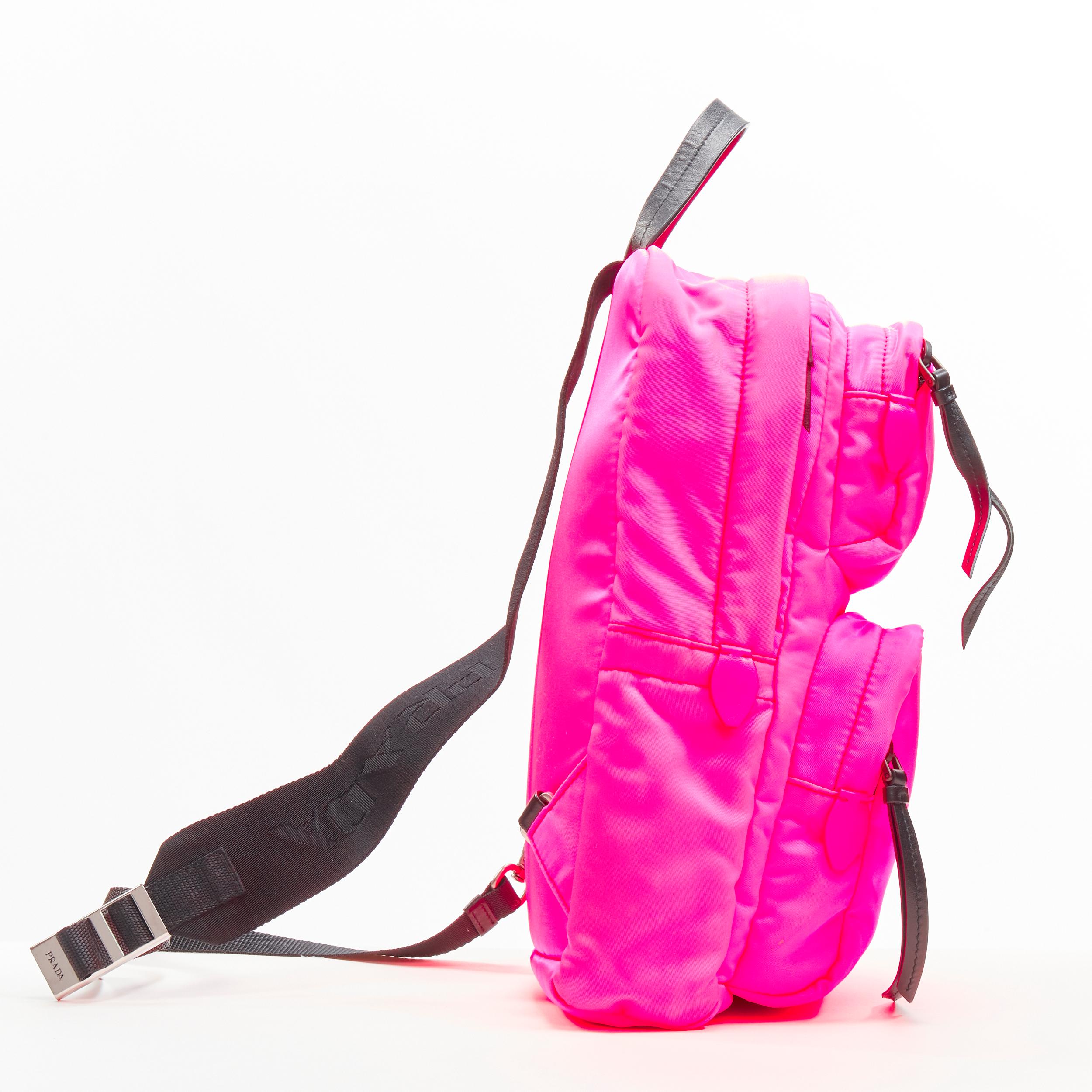 Pink PRADA neon pink Tessuto nylon triangle logo small sling backpack bag For Sale