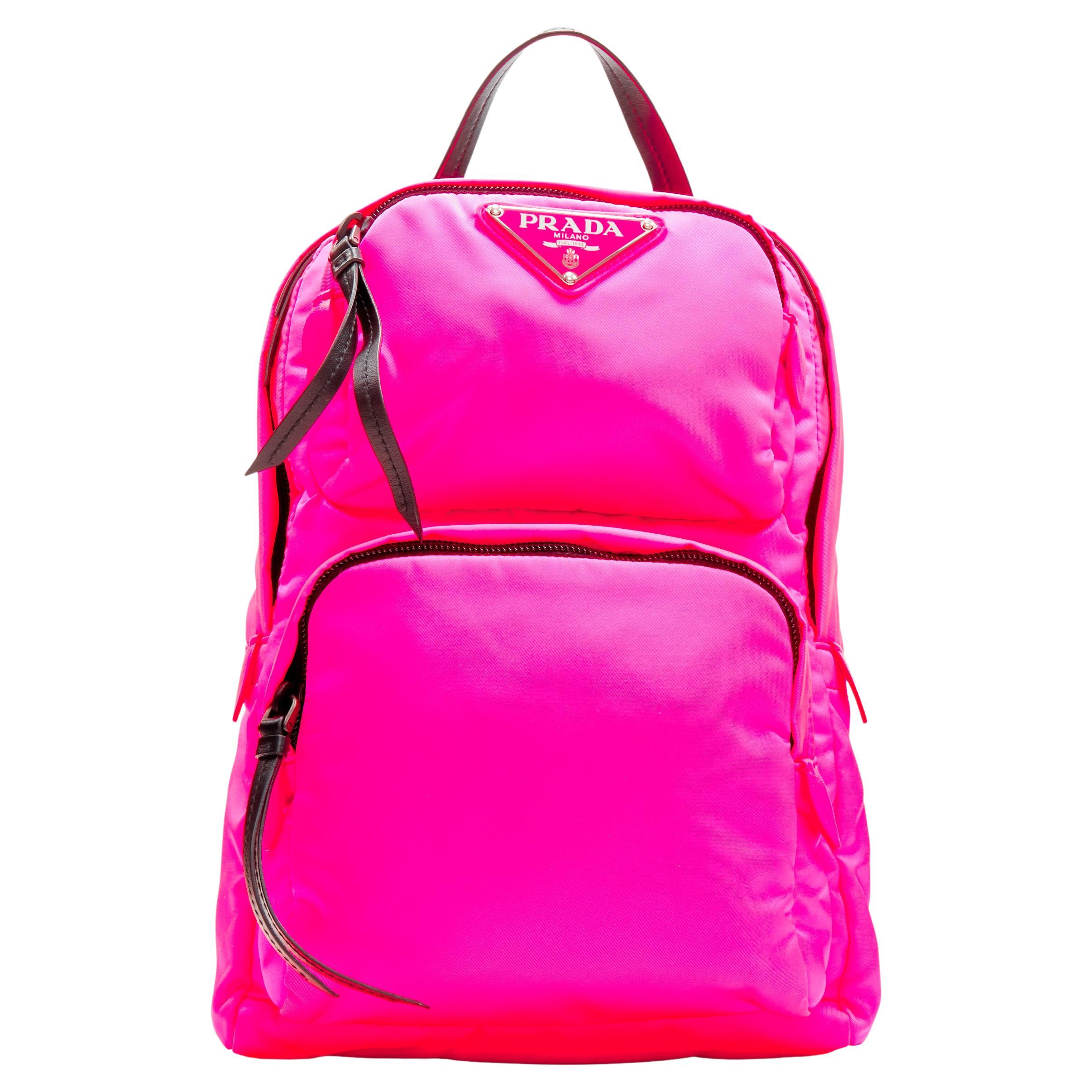 PRADA neon pink Tessuto nylon triangle logo small sling backpack bag For Sale