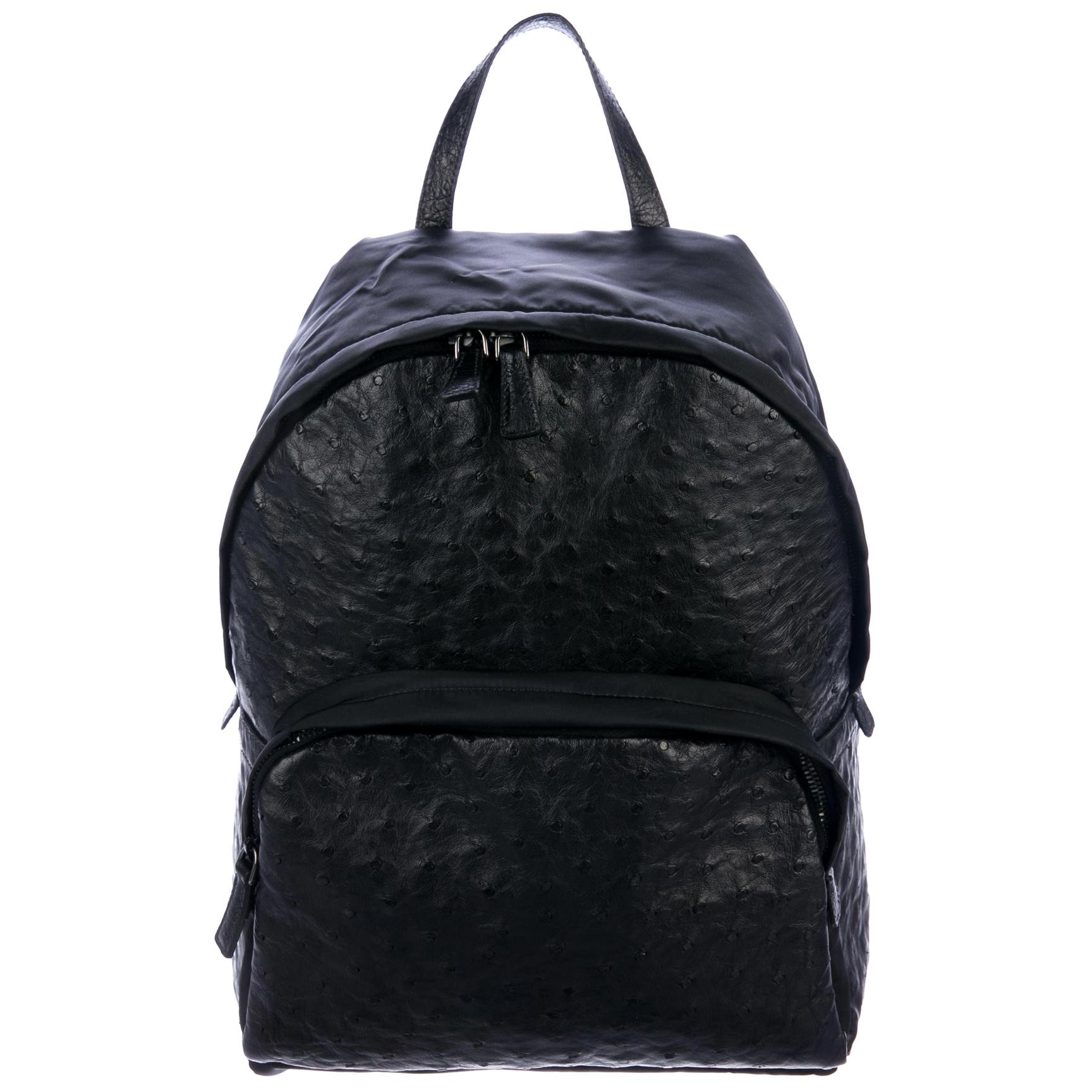Prada NEW Black Ostrich Exotic Leather Top Handle Travel Weekender Backpack Bag