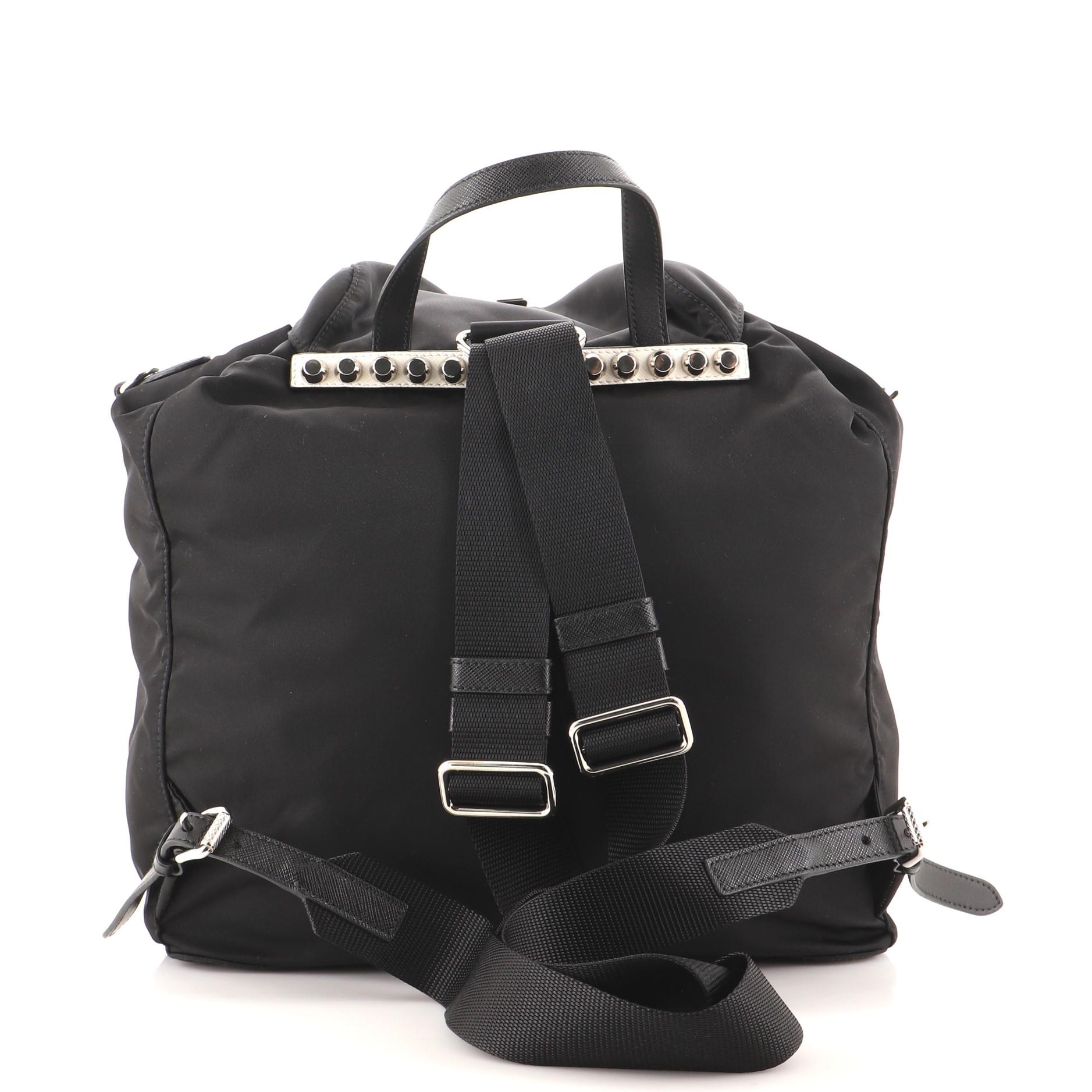 Black Prada New Vela Backpack Tessuto with Studded Leather