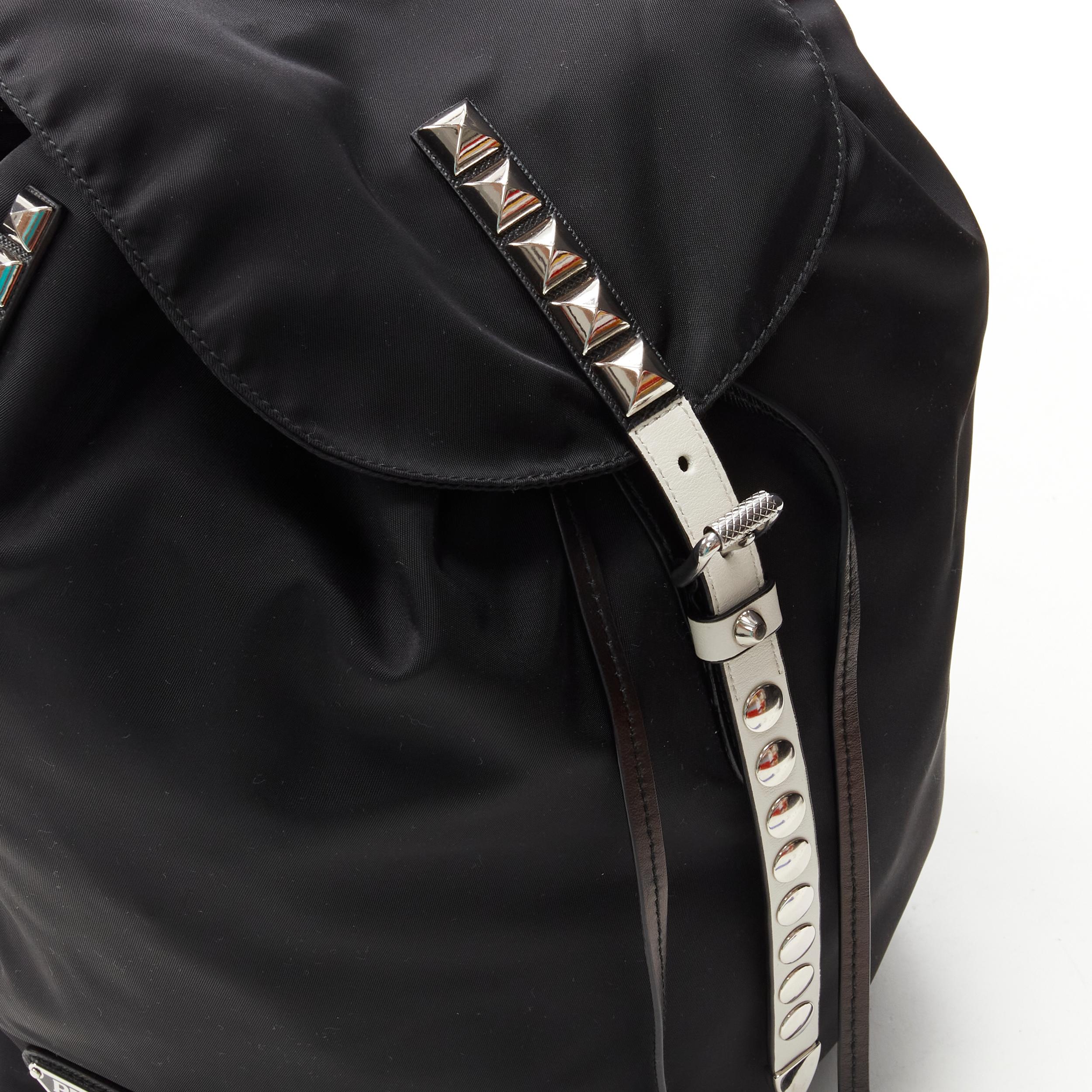 Women's PRADA New Vela black Tessuto nylon punk studded flap backpack bag