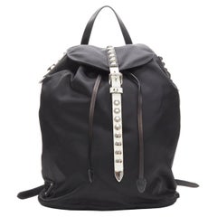 PRADA New Vela black Tessuto nylon punk studded flap backpack bag
