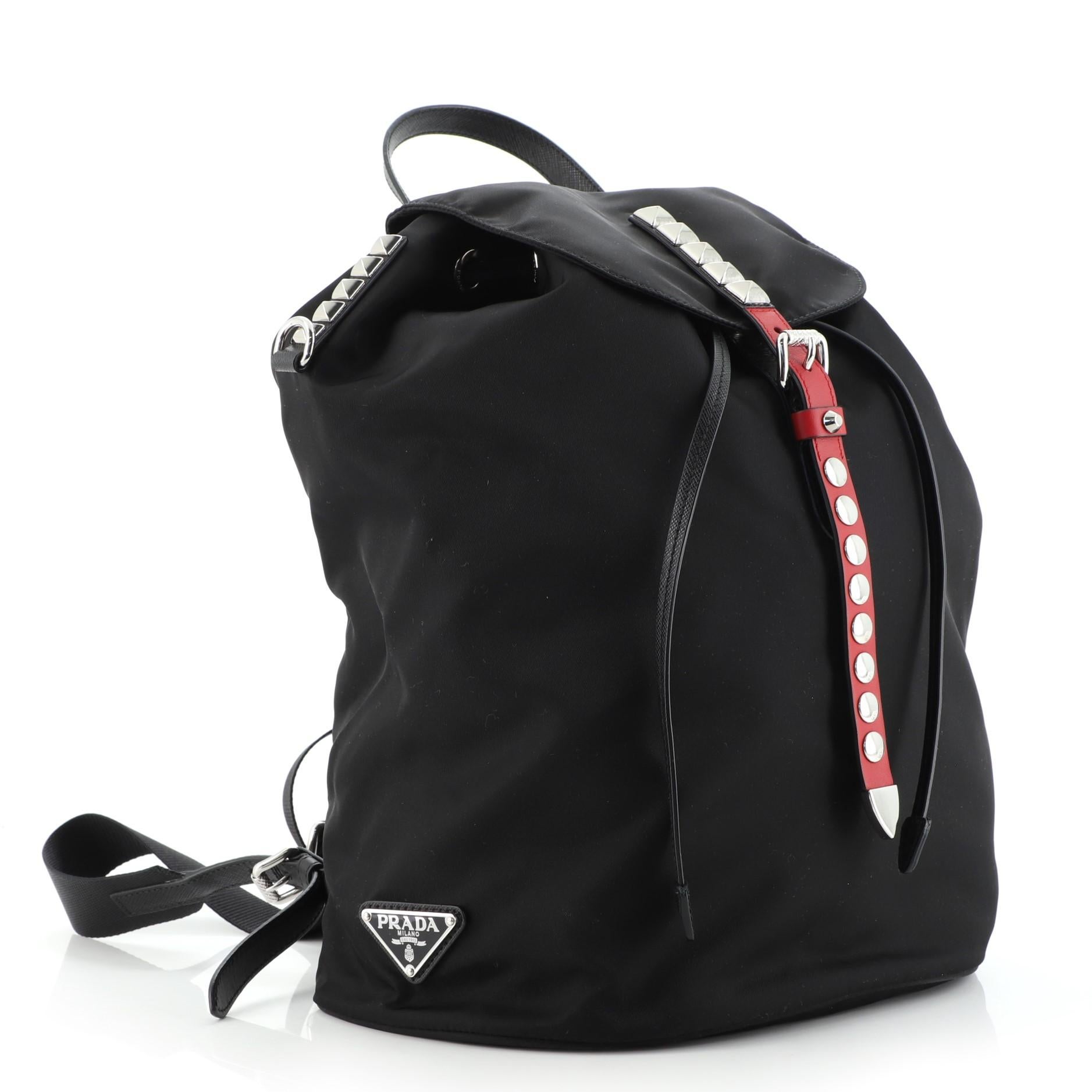 Black Prada New Vela Drawstring Backpack Tessuto with Studded Detail