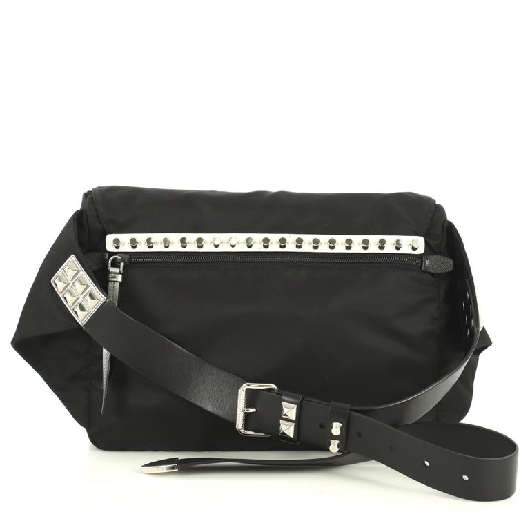 Prada New Vela Flap Messenger Bag Tessuto with Studded Leather Medium
