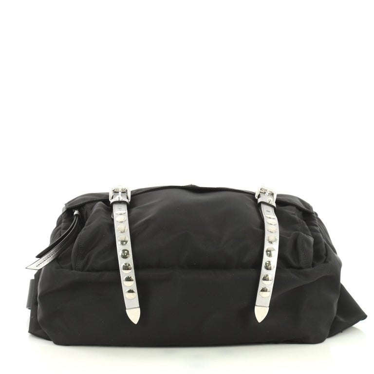 Prada New Vela Flap Messenger Bag Tessuto with Studded Leather Medium