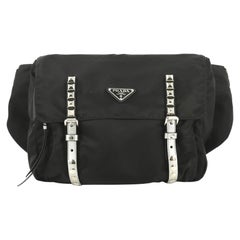 Prada New Vela Flap Messenger Bag Tessuto with Studded Leather Medium