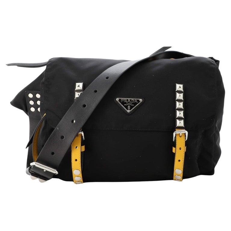 Prada New Vela Flap Messenger Bag Tessuto with Studded Leather Medium