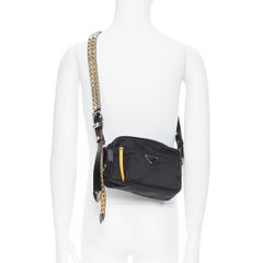 PRADA New Vela punk studded leather strap black nylon crossbody bag