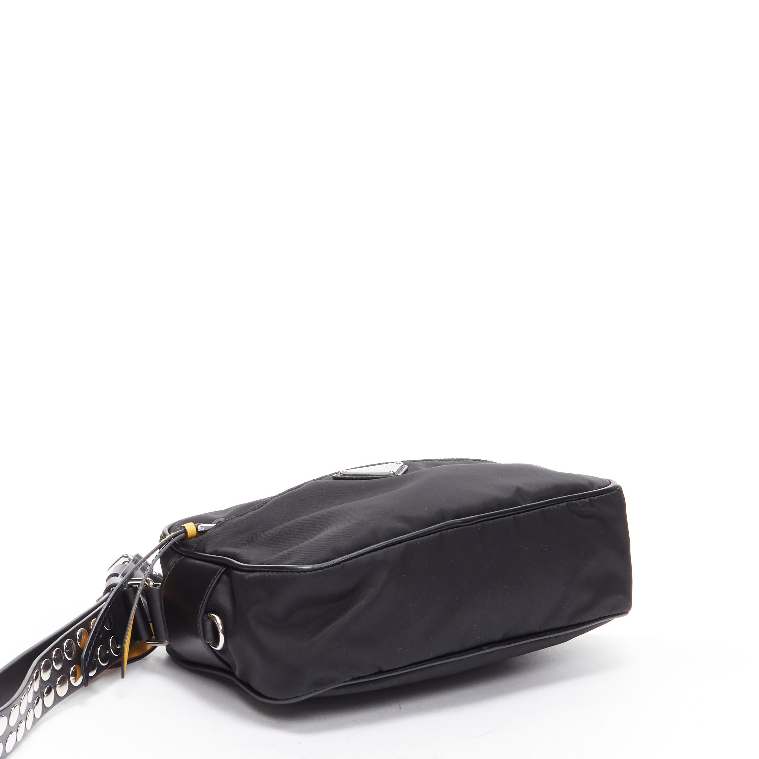 Black PRADA New Vela punk studded leather strap black nylon crossbody bag
