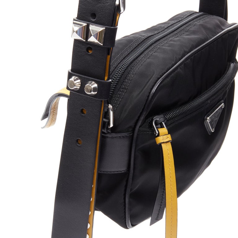 PRADA New Vela punk studded leather strap black nylon crossbody bag at  1stDibs