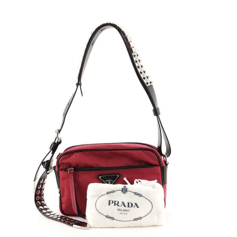 Prada Cream, Black & Red Nylon Vela Studded Messenger Bag with