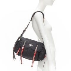 PRADA New Vela Tessuto black  nylon punk studded mesenger bag