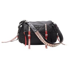 PRADA New Vela Tessuto black  nylon punk studded mesenger bag