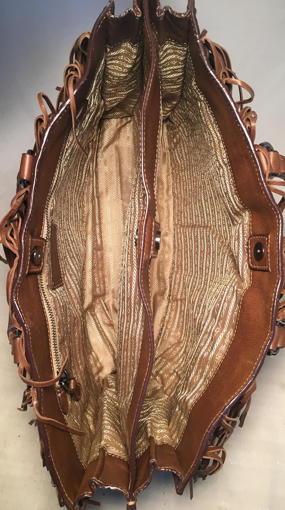 PRADA Noce Nappa Brown Leather Fringe Tote Bag In Excellent Condition In Philadelphia, PA