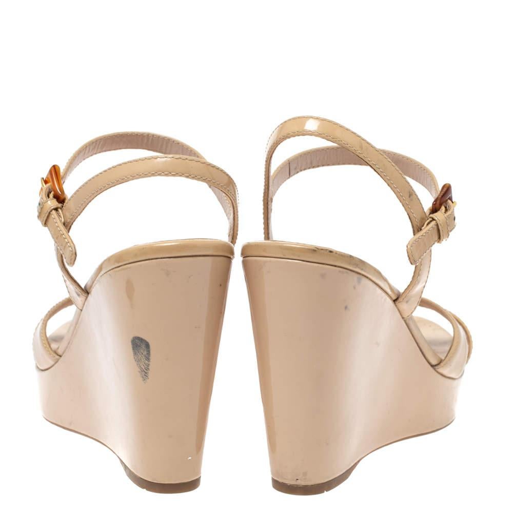Prada Nude Beige Patent Leather Criss Cross Wedge Sandals Size 36 1