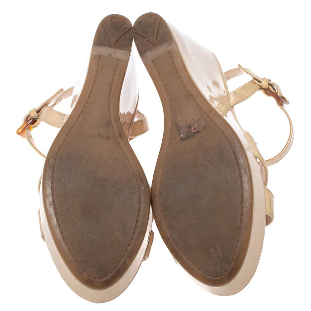 Prada Nude Beige Patent Leather Criss Cross Wedge Sandals Size 36 2