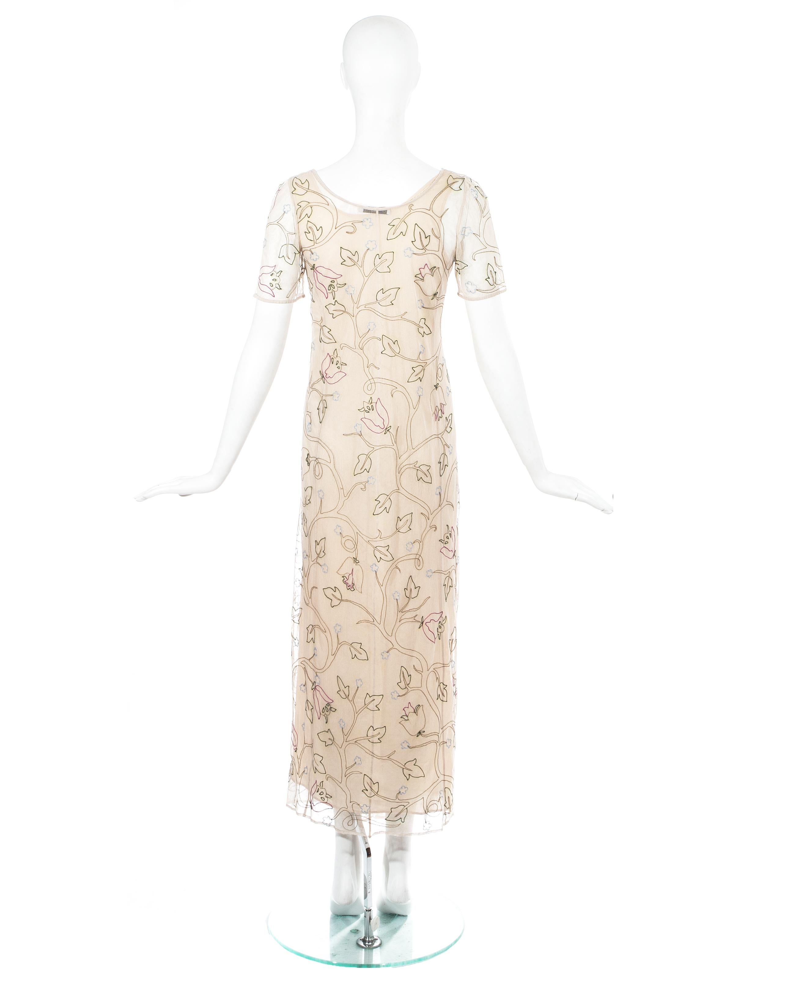 Prada nude mesh evening dress with floral embroidery, ss 1997 For Sale 5