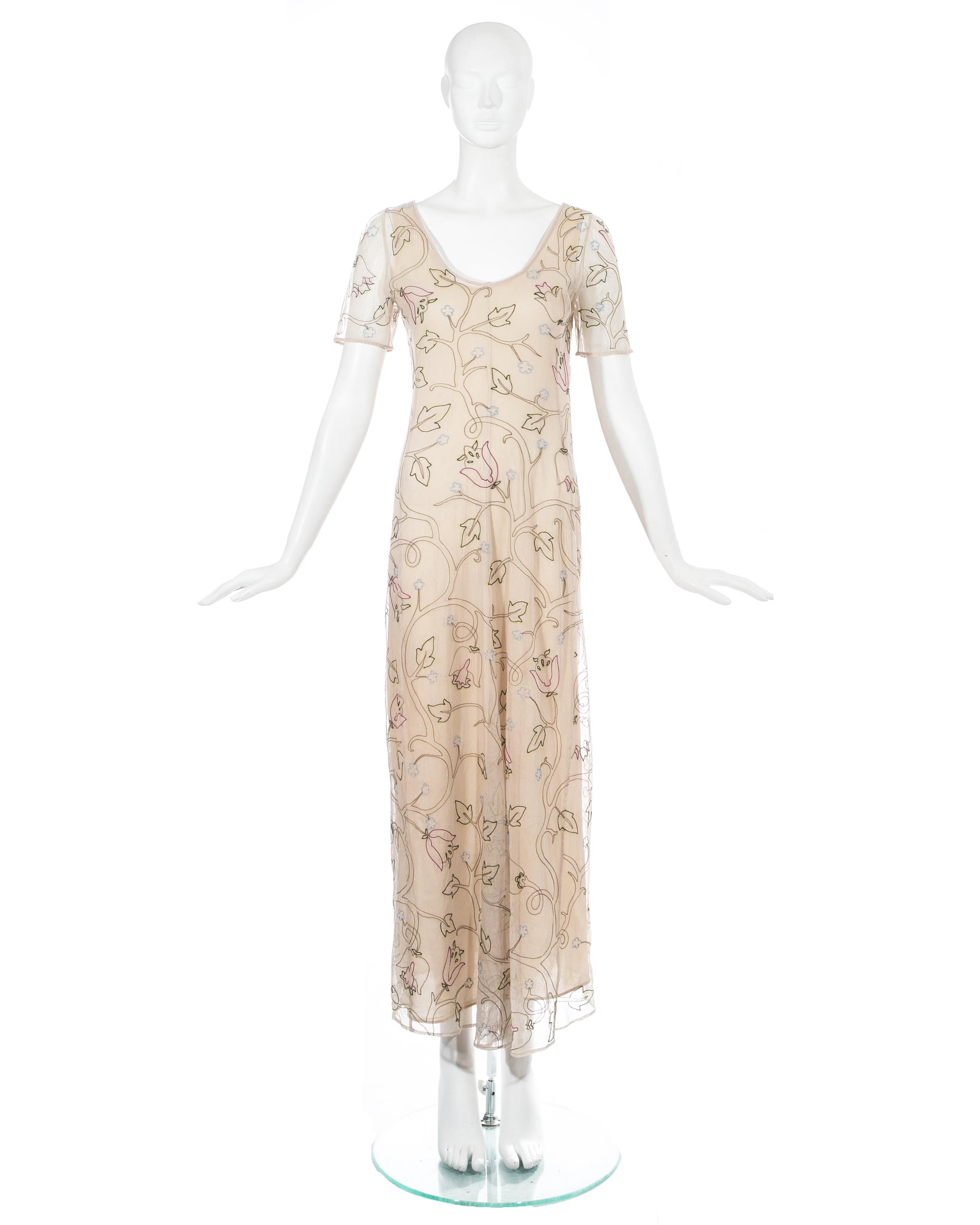 Beige Prada nude mesh evening dress with floral embroidery, ss 1997 For Sale