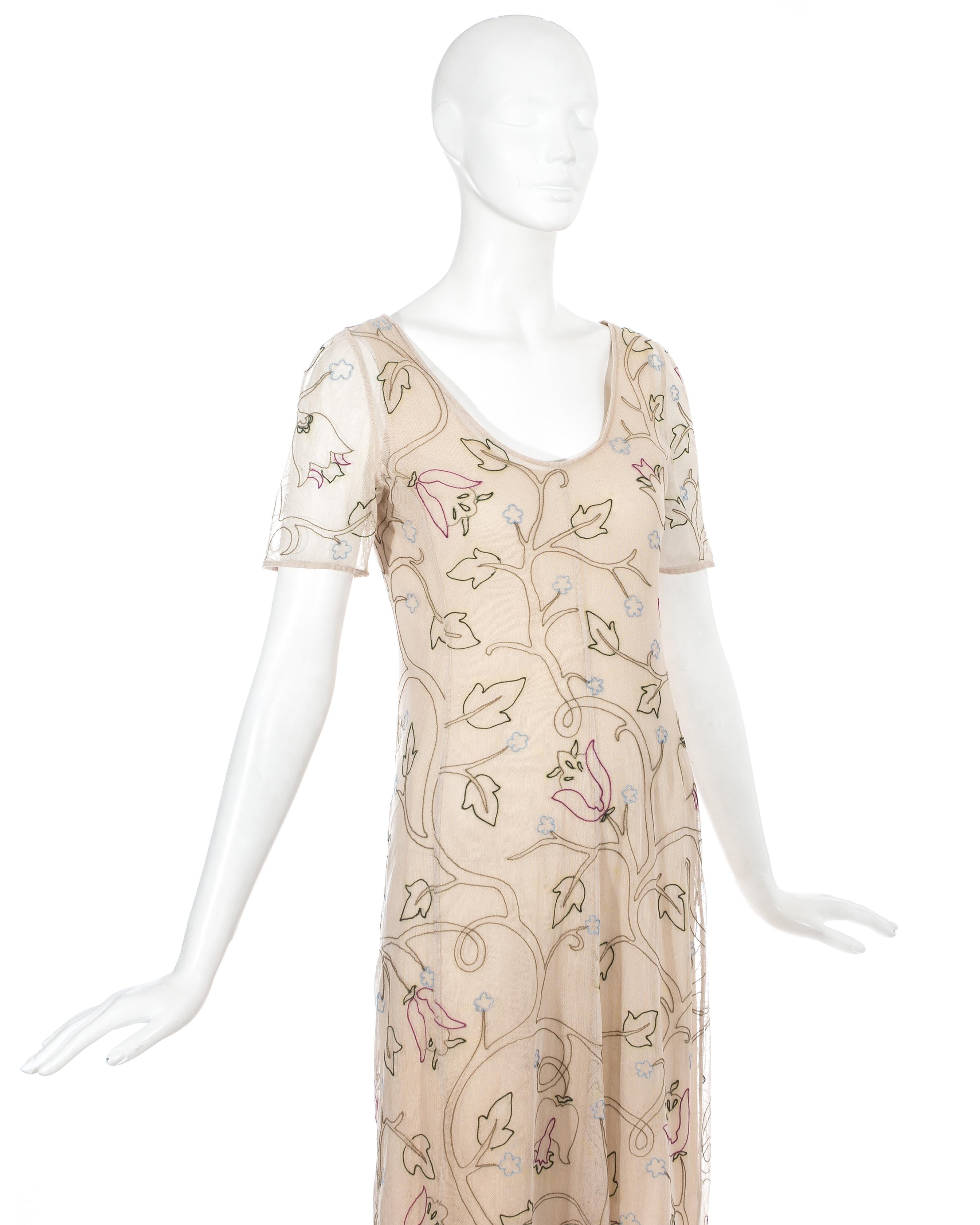 Prada nude mesh evening dress with floral embroidery, ss 1997 For Sale 1