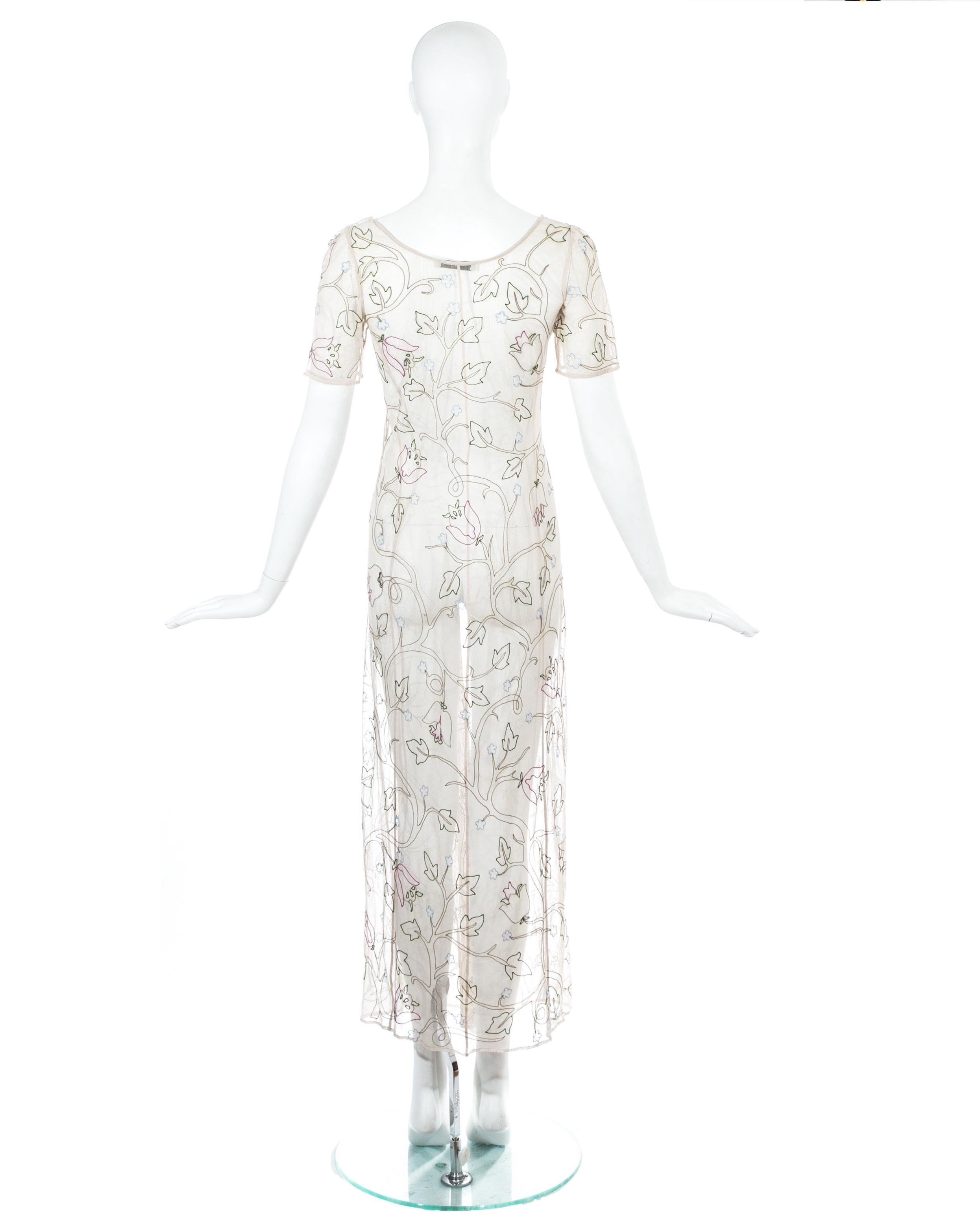 Prada nude mesh evening dress with floral embroidery, ss 1997 For Sale 3
