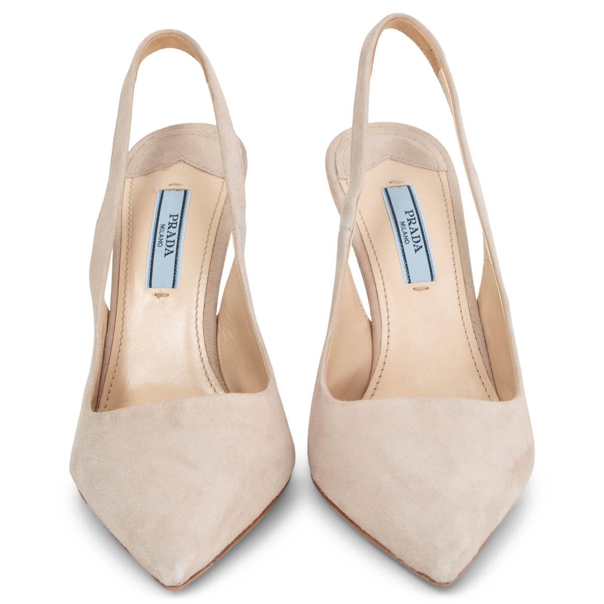 100% authentic Prada pointed-toe slingbacks in pale nude suede. Brand new. 

Measurements
Imprinted Size	36.5
Shoe Size	36.5
Inside Sole	23.5cm (9.2in)
Width	7.5cm (2.9in)
Heel	11cm (4.3in)

All our listings include only the listed item unless