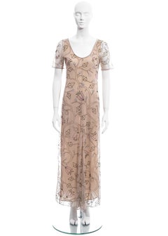 Prada nude silk mesh floral embroidered maxi dress, ss 1997