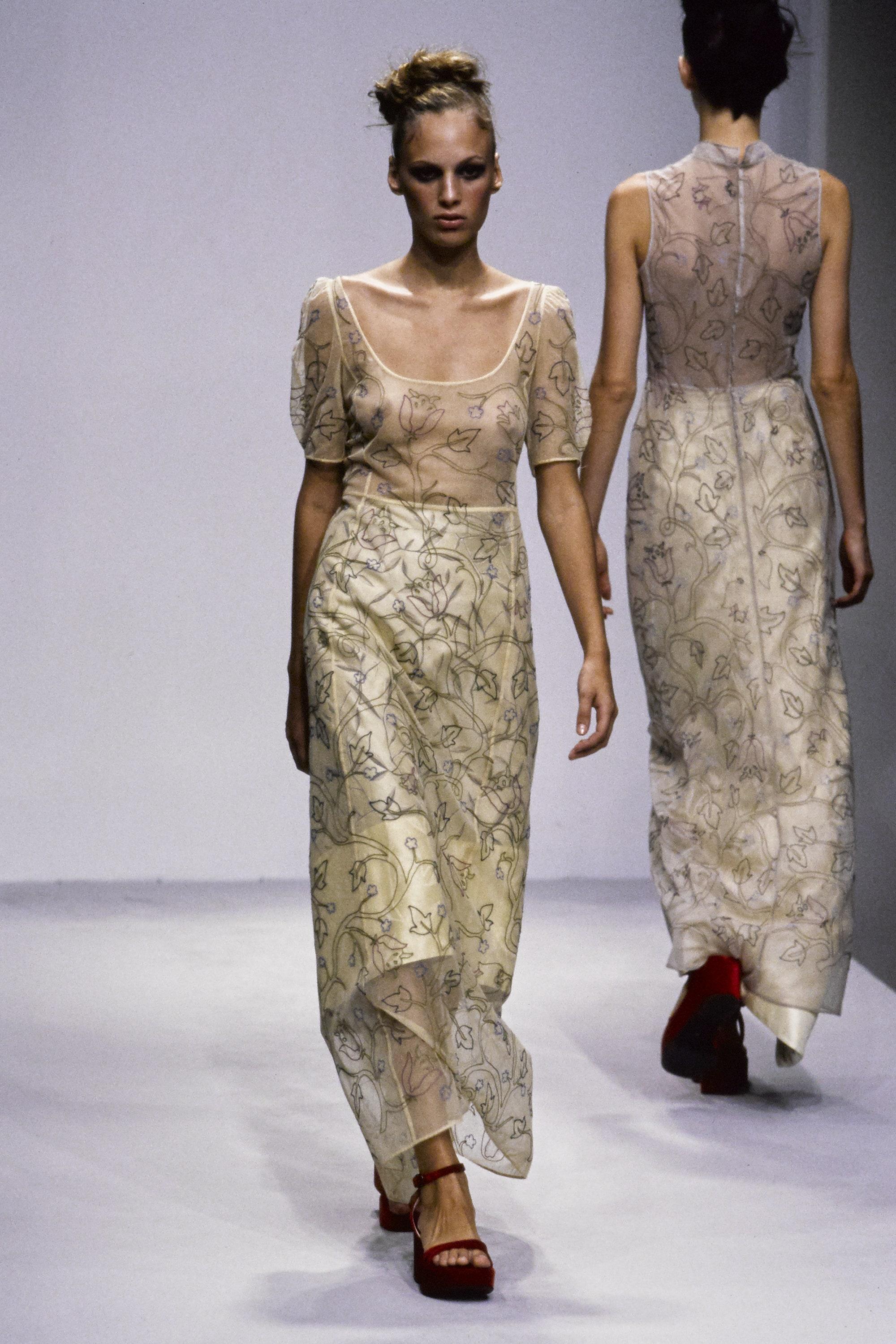 Prada nude silk mesh floral embroidered maxi dress, ss 1997 at 1stDibs